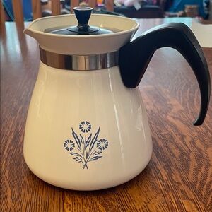 Corningware White Coffee Pot with Cornflower Blue Floral Design